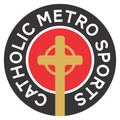 Catholic Metro Sports logo with a gold cross over a red center on a black circular background