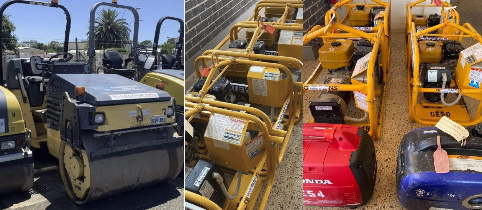 Winter construction equipment operating on an Adelaide building site including roller, generator and lighting tower