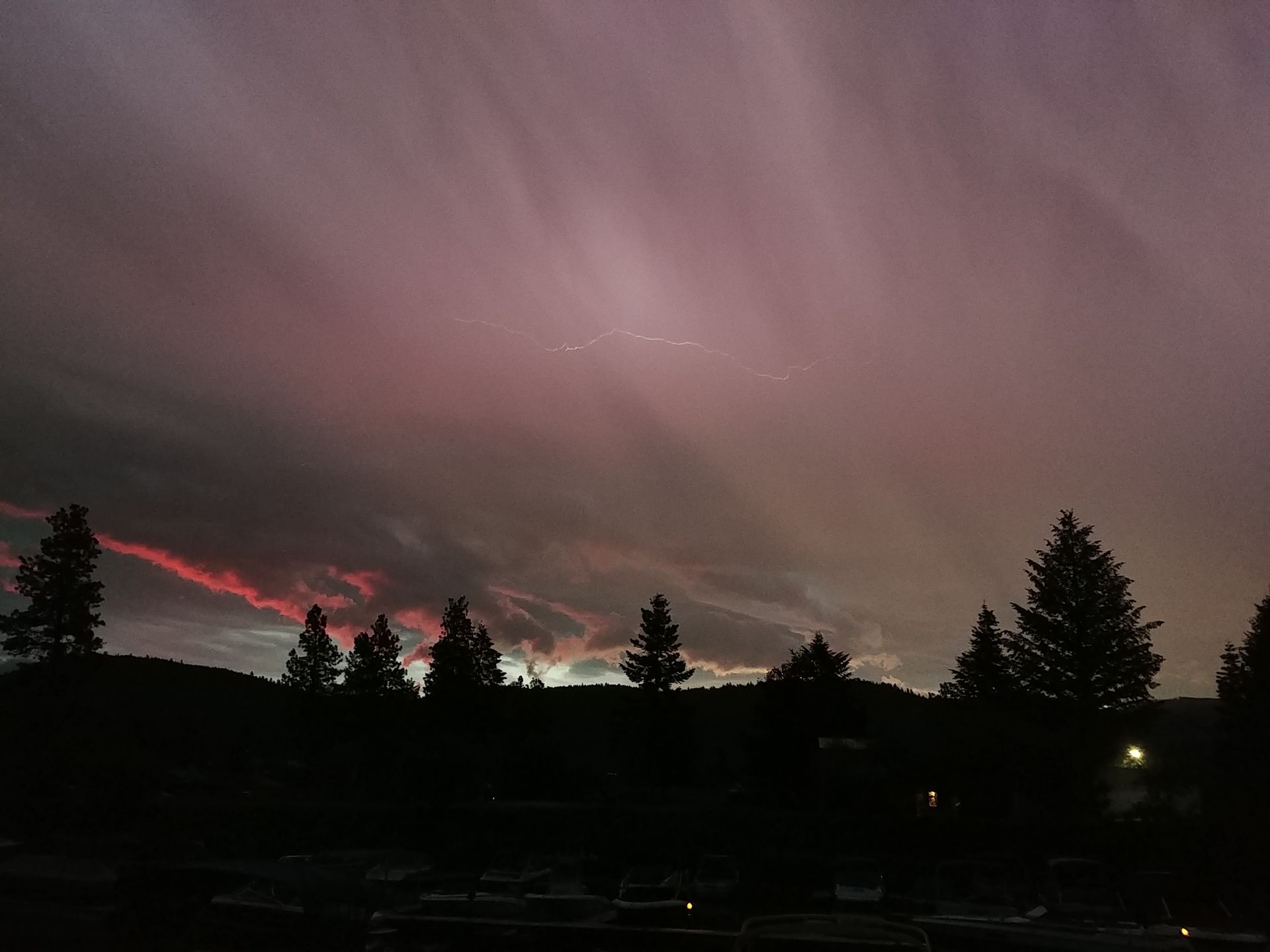 A sunset with trees in the foreground and a cloudy sky in the background