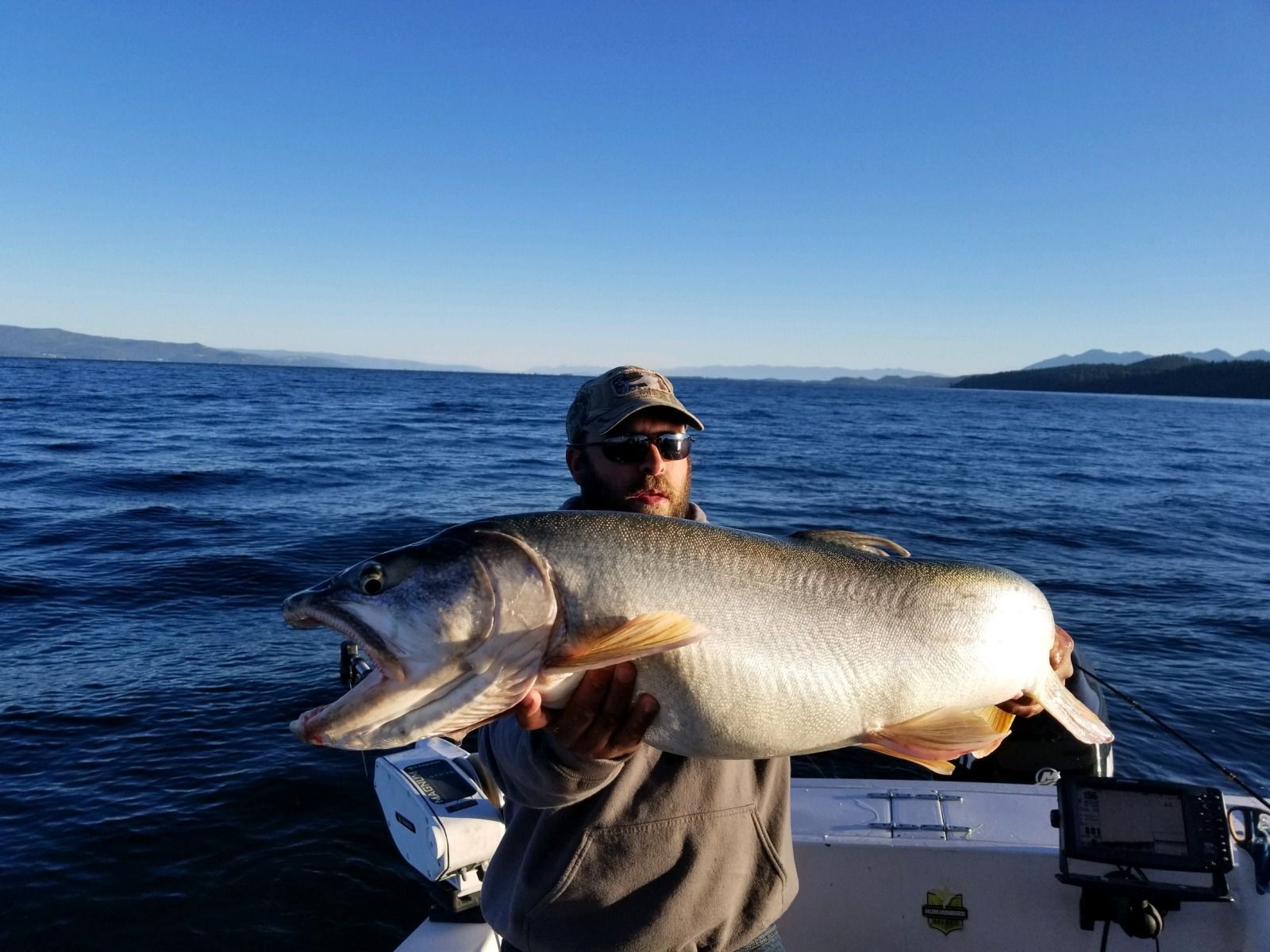 A man is holding a large fish on a boat in the water.