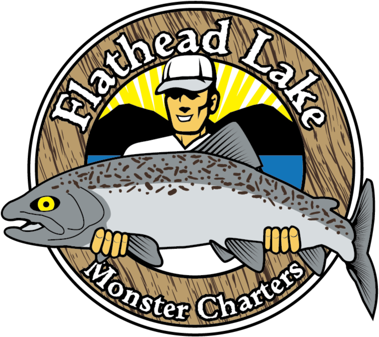 A logo for flathead lake monster charters shows a man holding a large fish