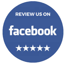 A blue circle with the words `` review us on facebook '' on it.