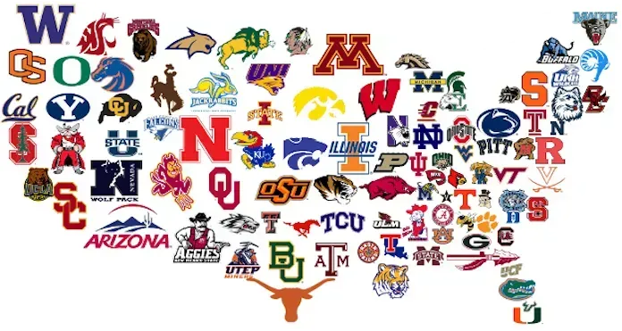 a map of the united states made up of college logos