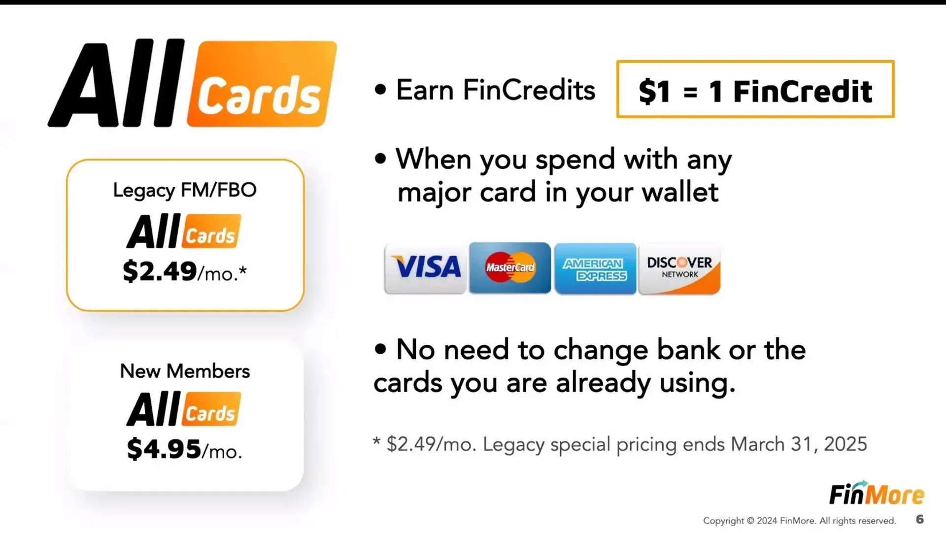 a sign that says all cards earn fincredits when you spend with any major card in your wallet