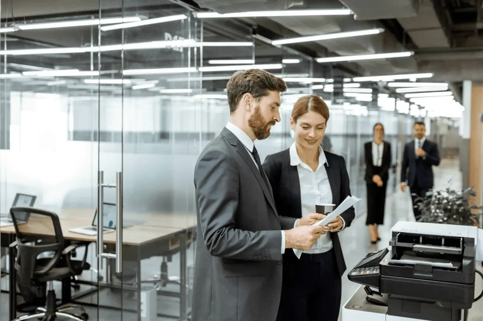 a man and a woman are standing next to each other in an office looking at a piece of paper