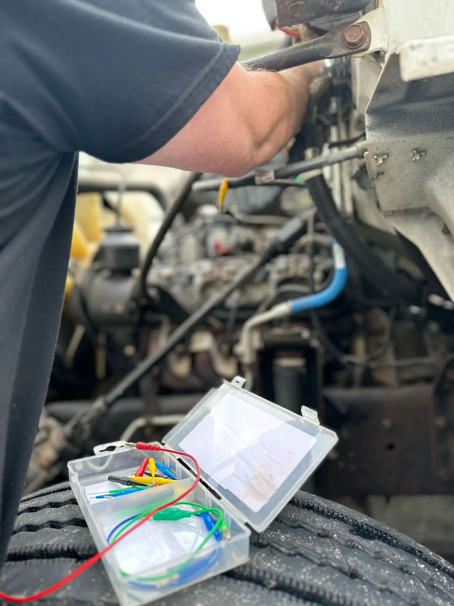 A man is working on the engine of a truck.