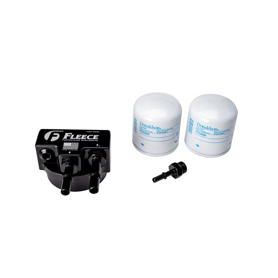 Black Fleece fuel filter system with two white filters and a fitting.