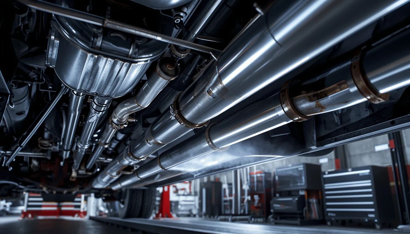 A low-angle view of a vehicle's clean, metallic exhaust system and undercarriage inside an automotive repair shop.