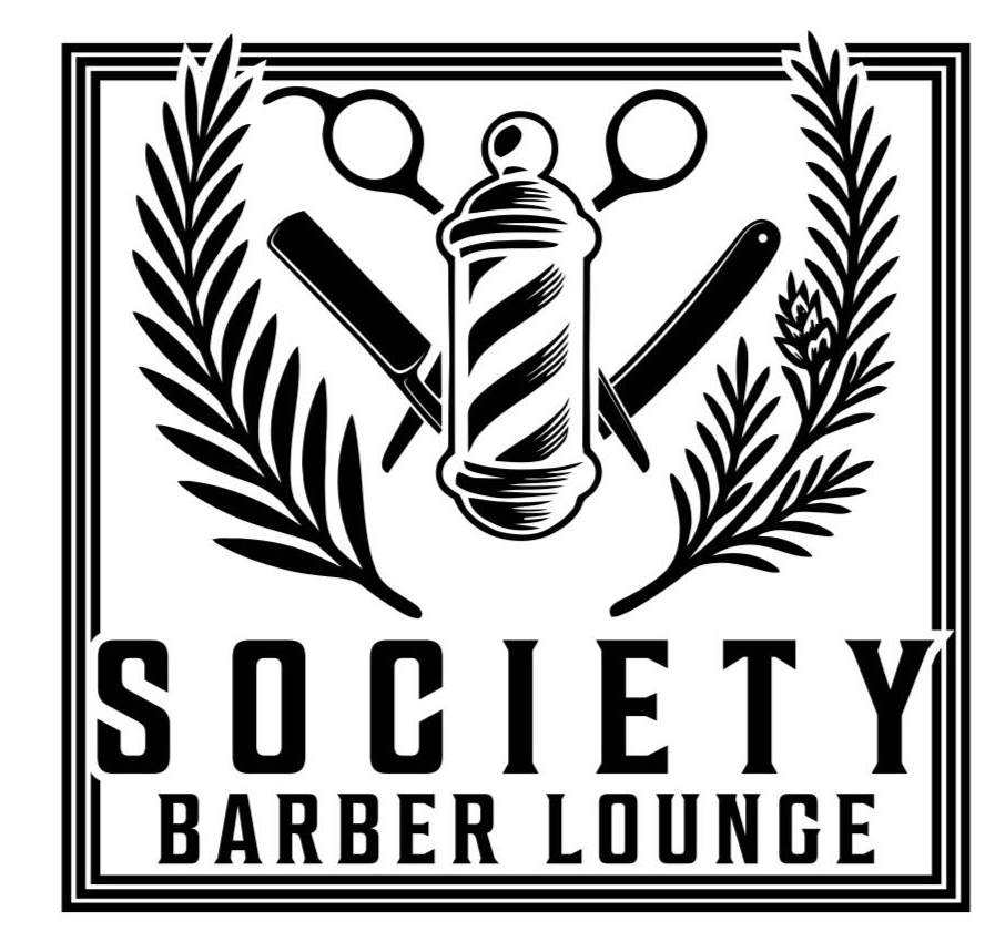Logo for Society Barber Lounge: barber pole, razors, scissors, laurel branches, and text within a square frame.