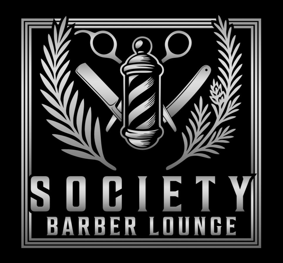 Society Barber Lounge logo with barber tools and a barber pole.