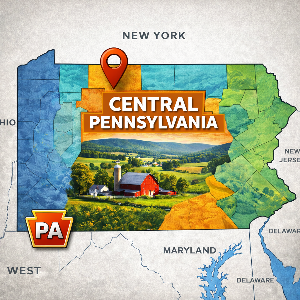A map of Pennsylvania highlighting Central Pennsylvania with a farm scene, a location pin, and the abbreviation 