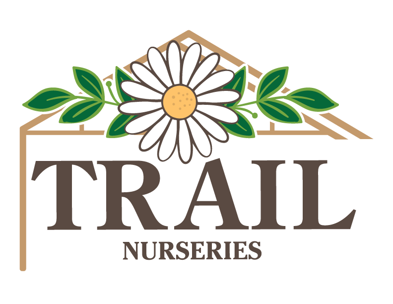 Logo for Trail Nurseries featuring a daisy flower with green leaves centered above the text in a greenhouse outline.