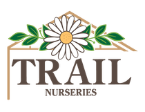 Logo for Trail Nurseries featuring a daisy flower with green leaves centered above the text in a greenhouse outline.