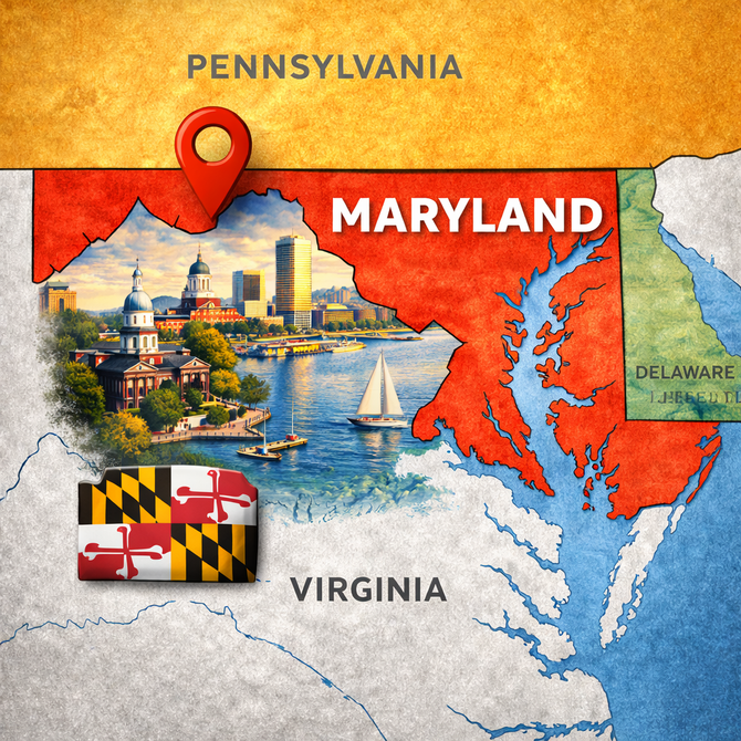 A map of Maryland featuring a red location pin, a harbor city illustration, and the Maryland state flag.