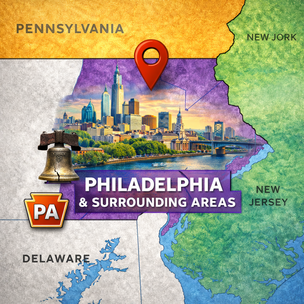 A map illustration showing Philadelphia and surrounding states with a skyline graphic, a location pin, and a Liberty Bell.
