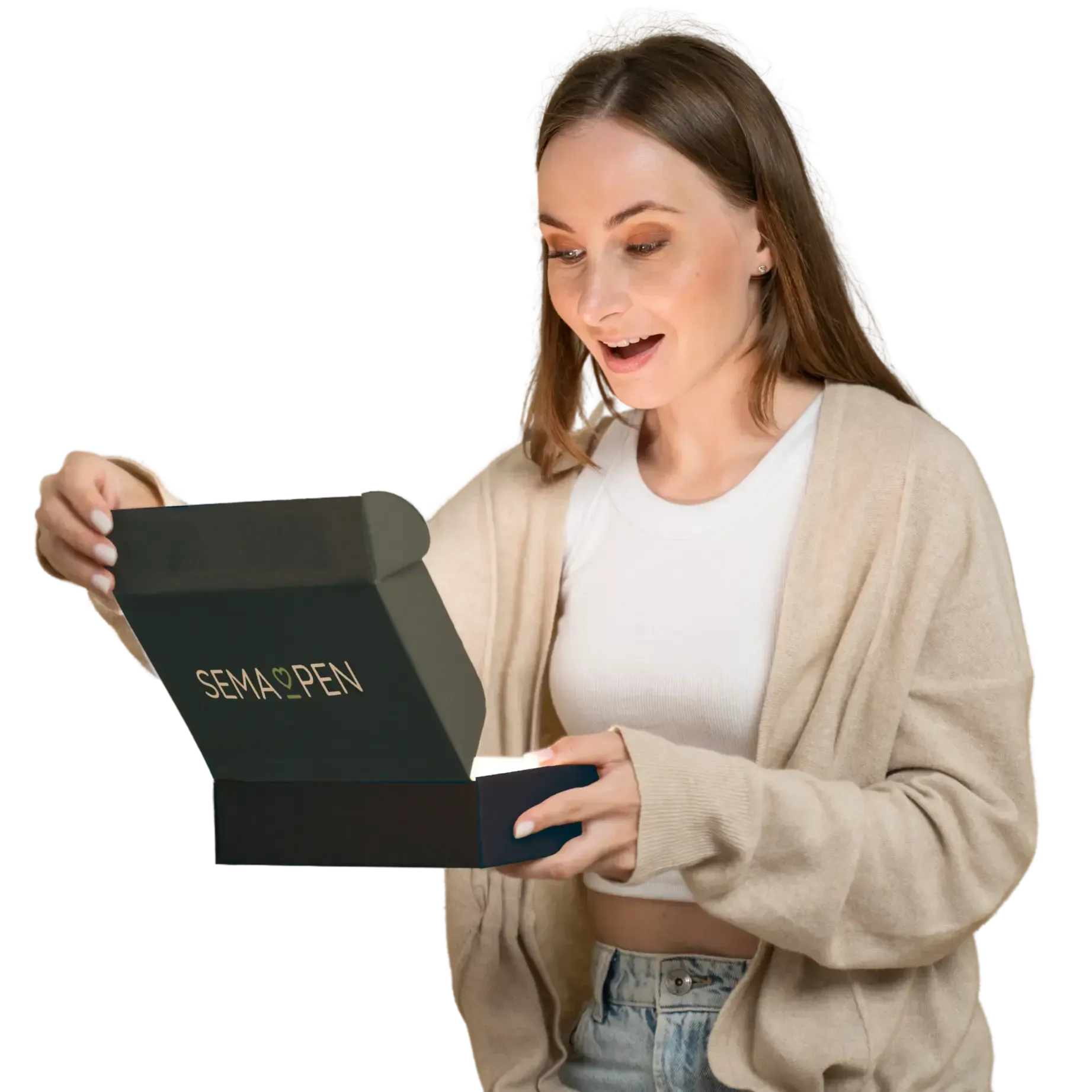 A woman opens a SemaPen box with a beaming smile on her face. She's about to transform her life with our treatment plan.