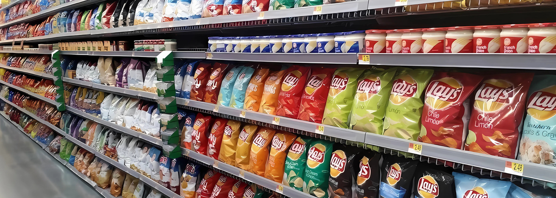 Picture of examples of UPFs on supermarket shelves. Picture of examples of UPFs on supermarket shelves.