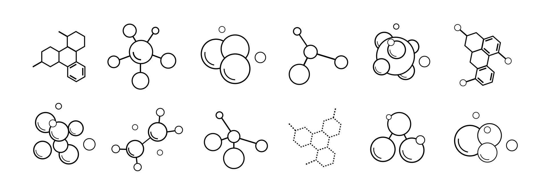 A set of black and white drawings of molecules on a white background.