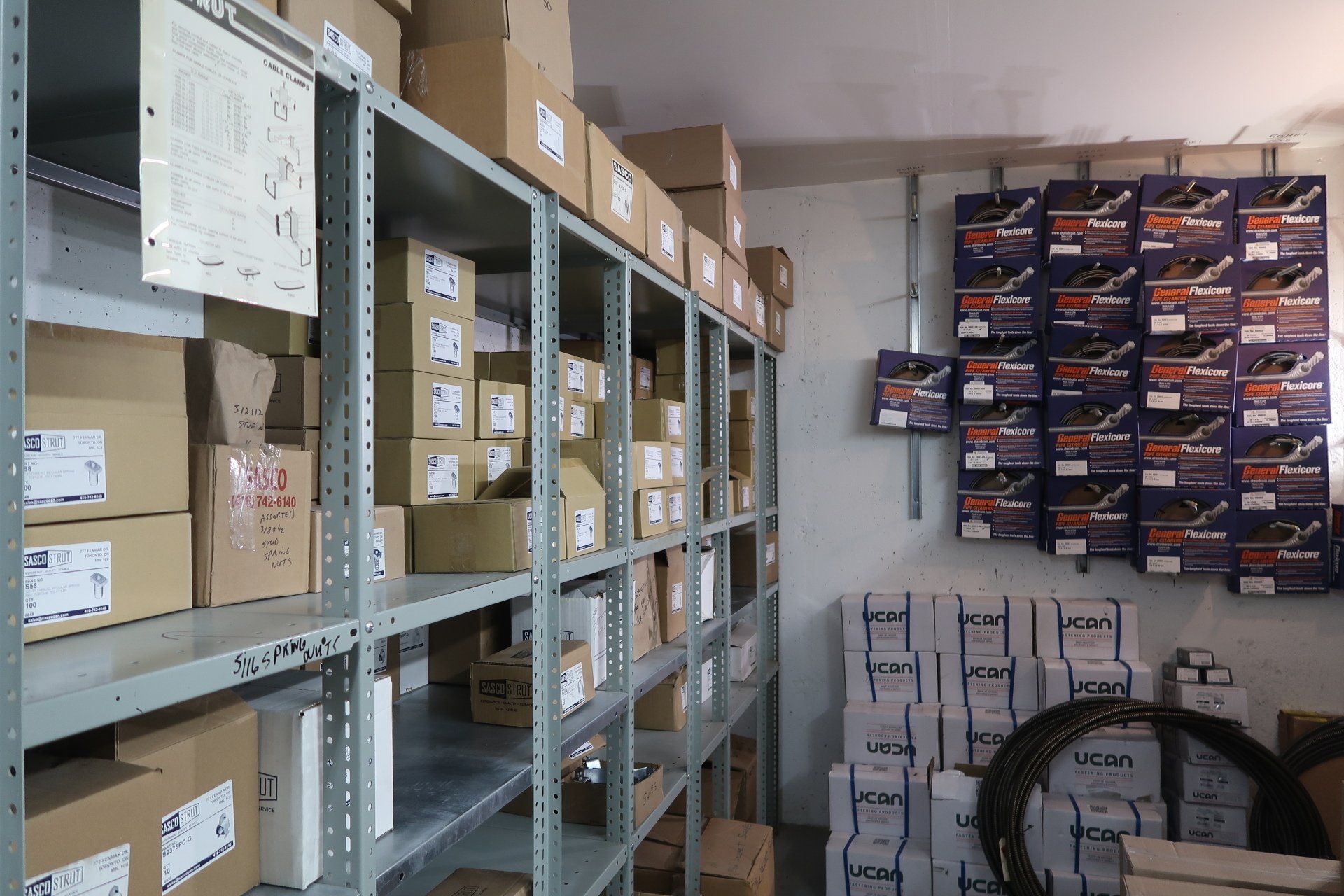 A warehouse filled with lots of boxes and tires