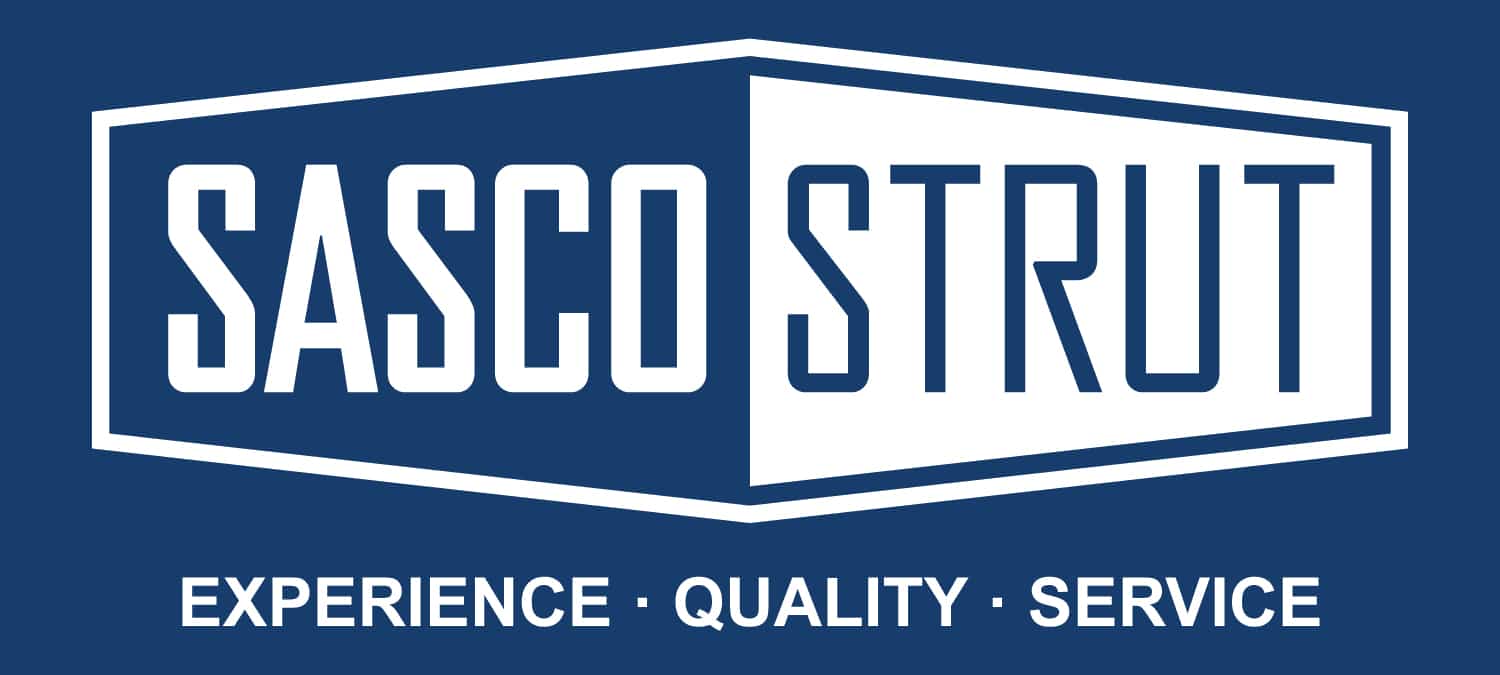 A blue and white logo for sasco strut experience quality service