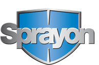 A sprayon logo with a blue shield on a white background.
