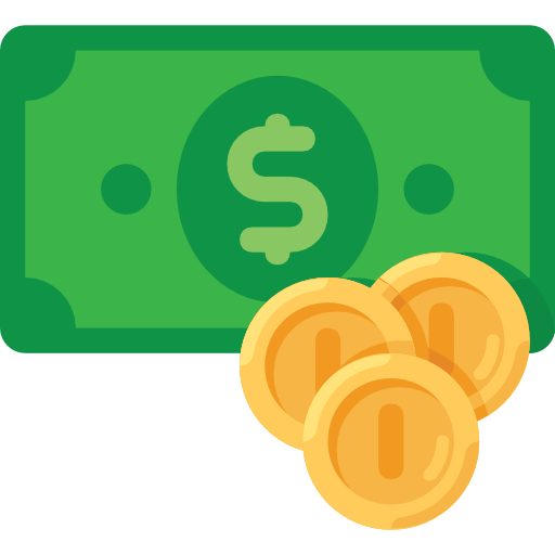 A green dollar bill with a dollar sign and three gold coins.