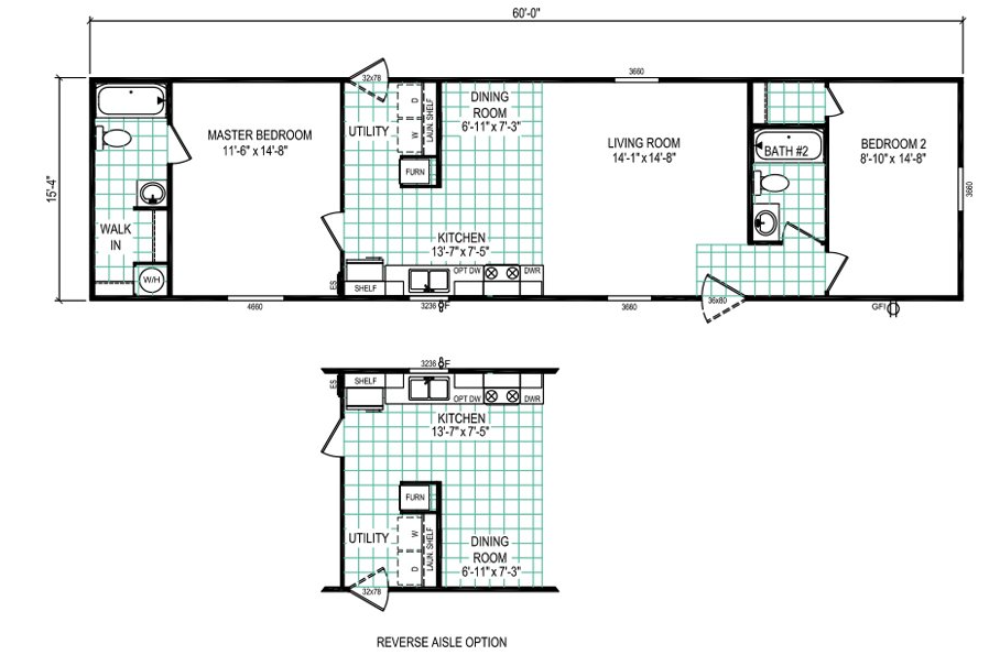 2 Bed, 2 Bath Floor Plan