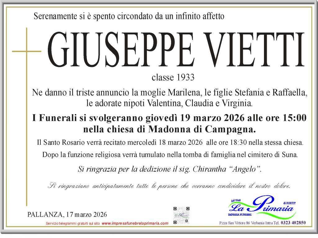 Annuncio funebre per Giuseppe Vietti, nato nel 1932