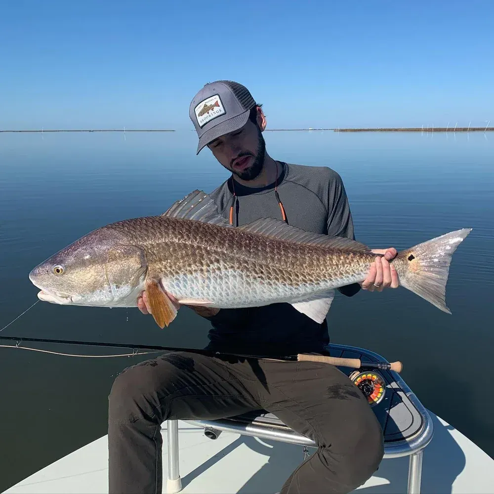 Man on a boat holding a large redfish. Blue water and sky in background.