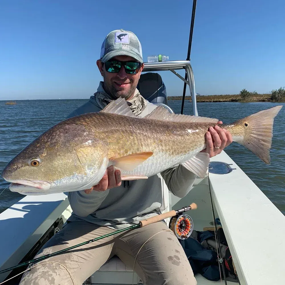 Man on a boat holds a large redfish he caught. Blue sky, water, and marsh in the background.