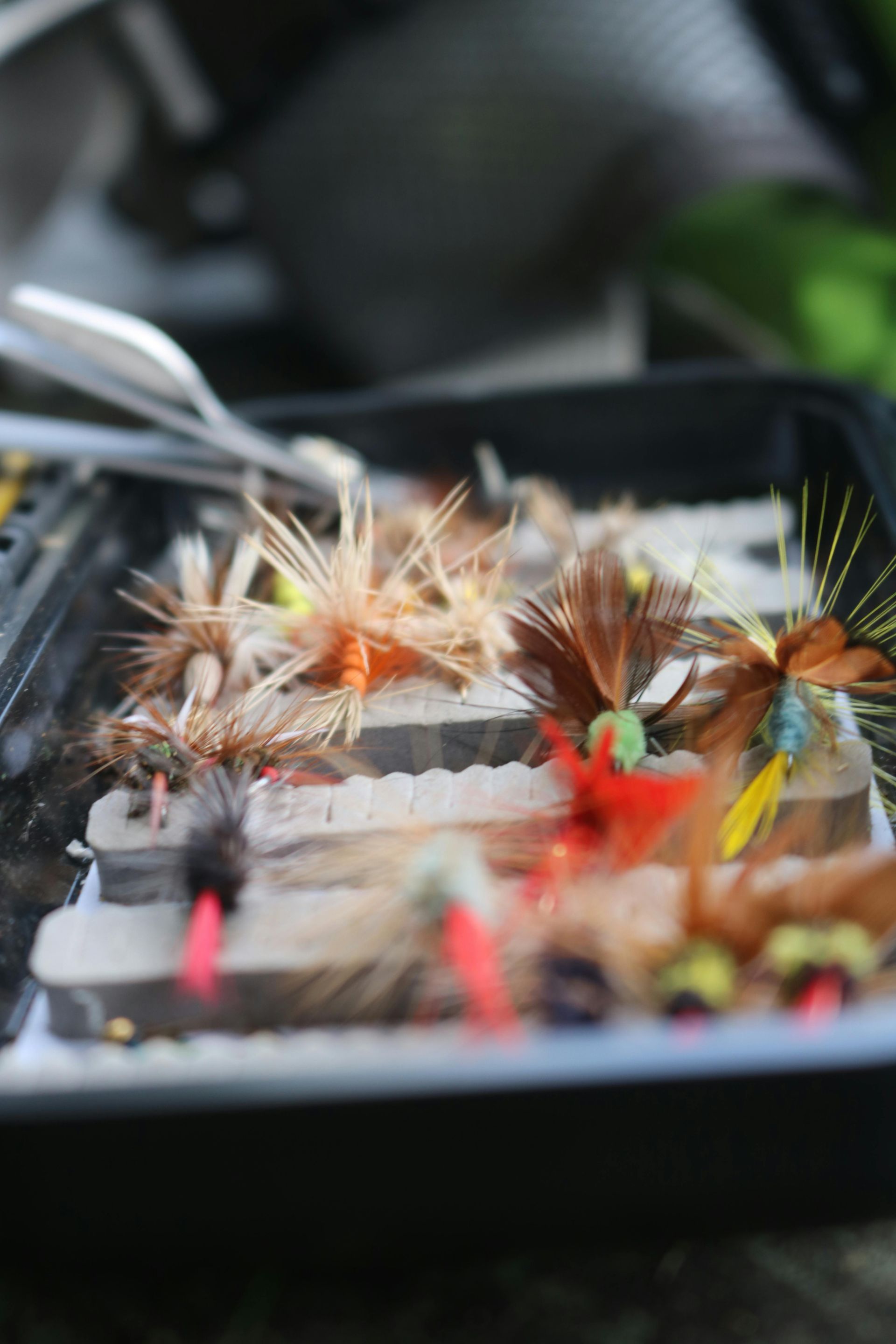 Assorted colorful fishing flies arranged in a tackle box tray