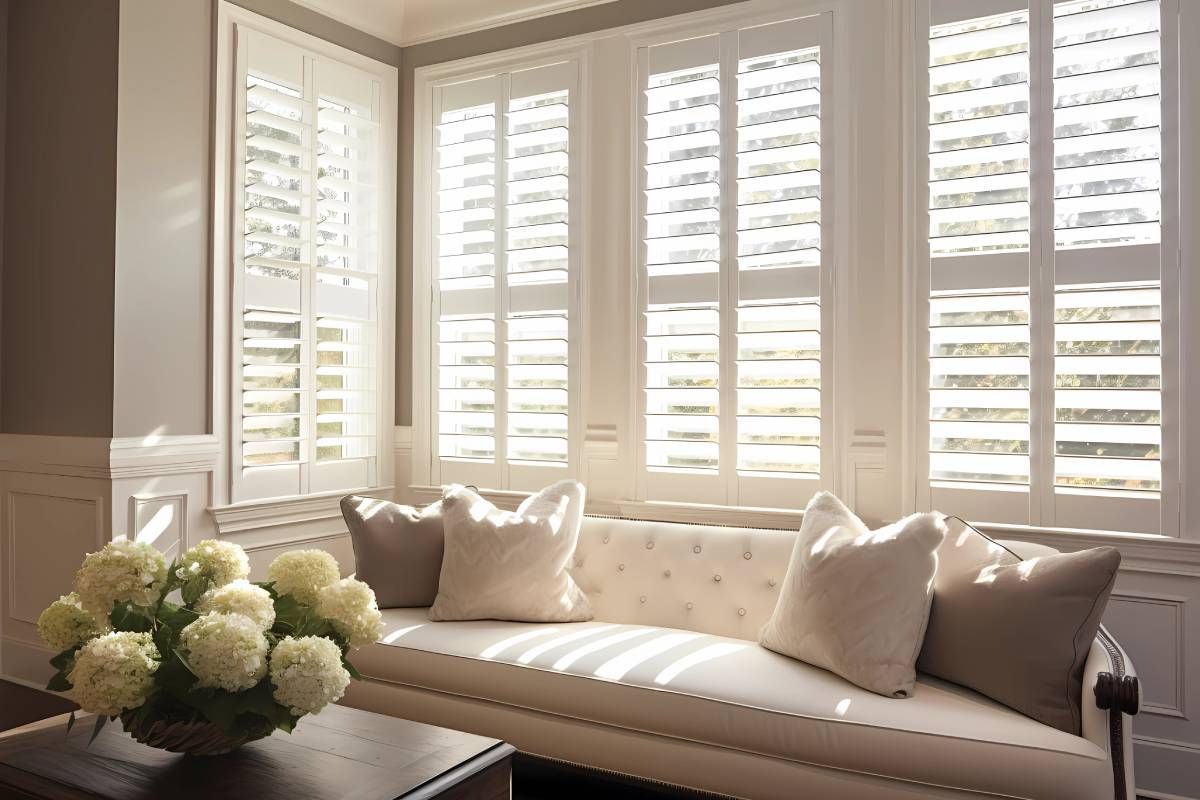 Custom poly composite plantation shutters for bay windows near Orlando, Florida (FL)