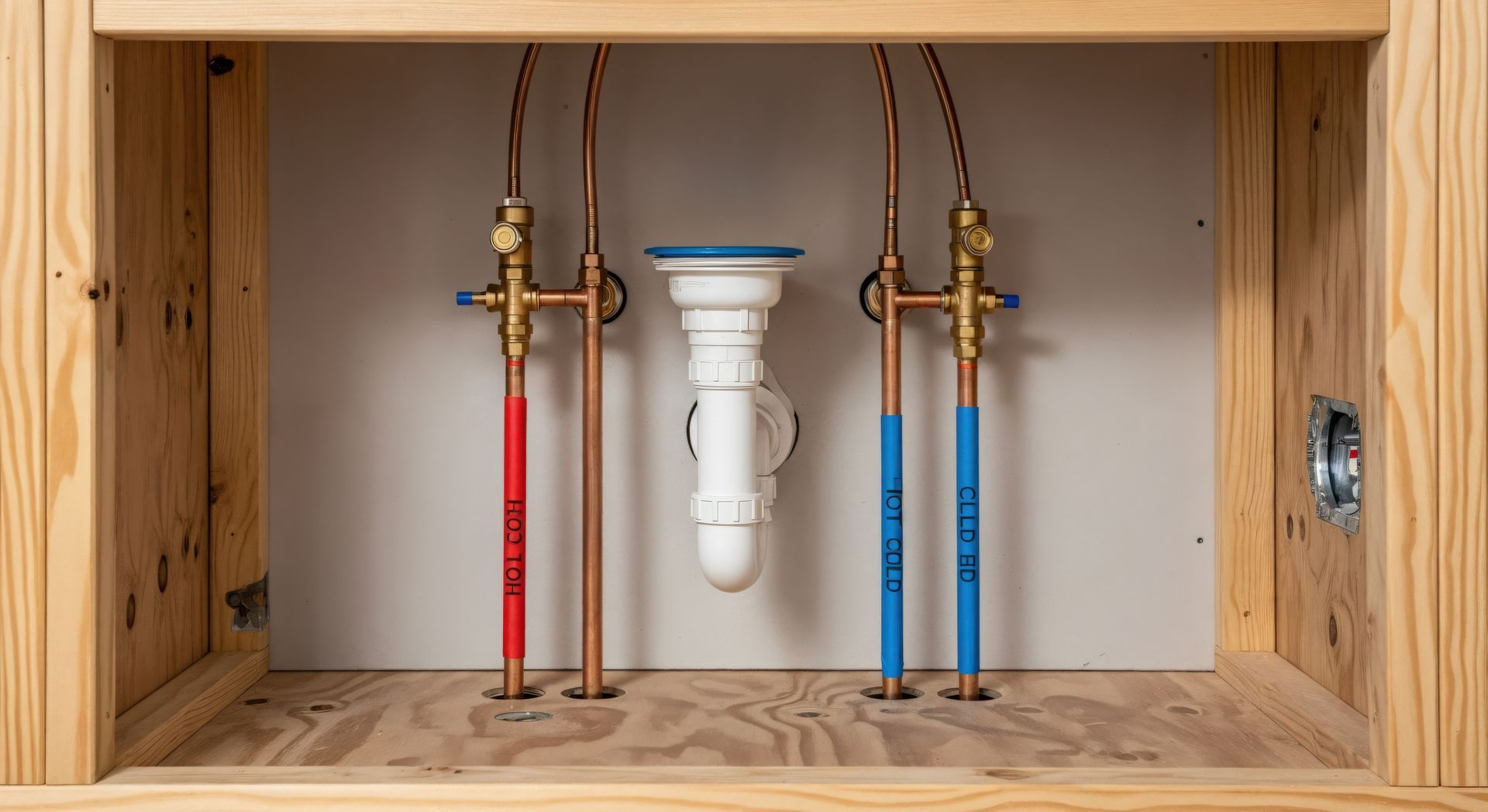 Plumbing installation inside a wooden cabinet frame, featuring red and blue pipe insulation and a white central drain pipe.