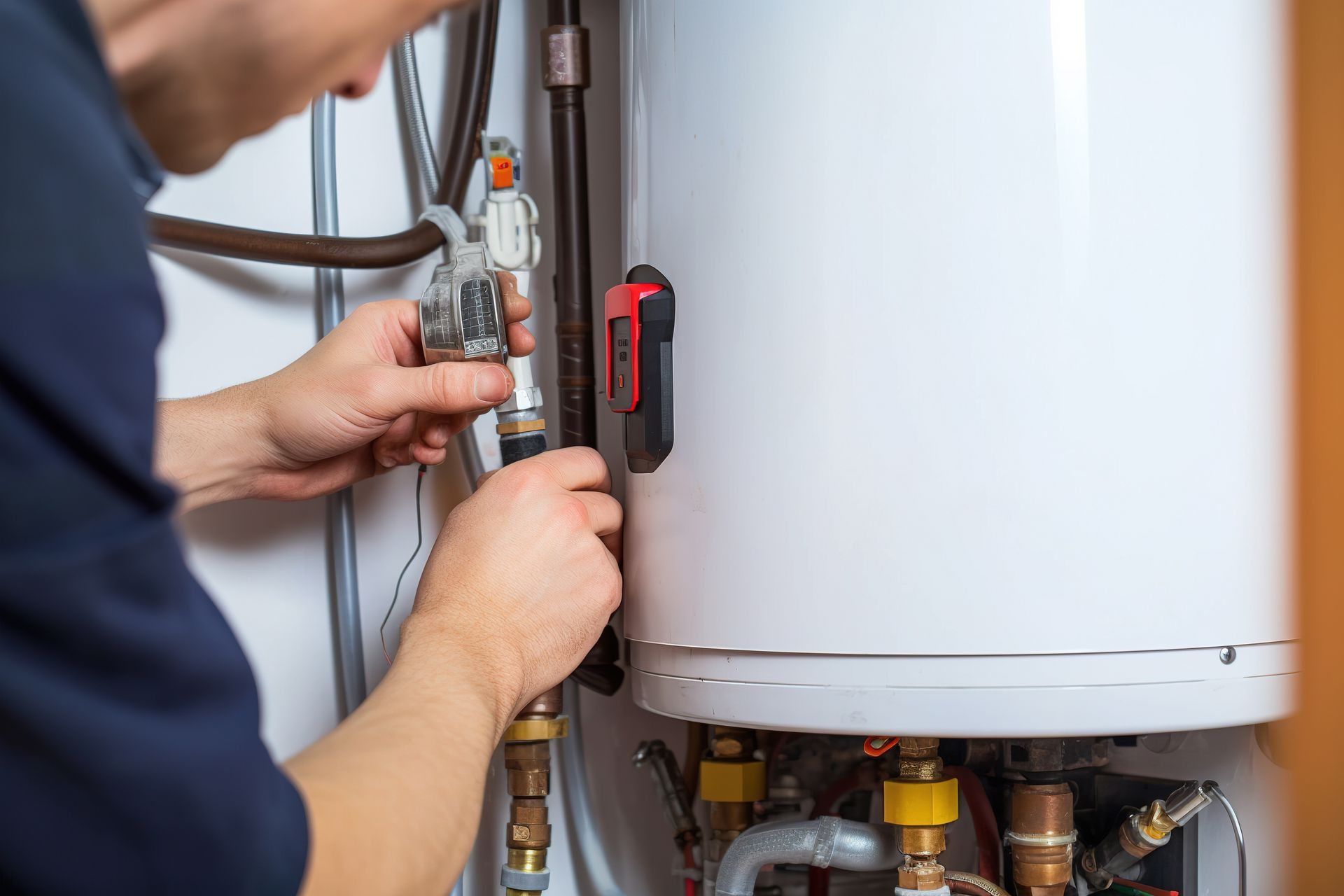 Person working on a white water heater, connecting a pipe, indoors.