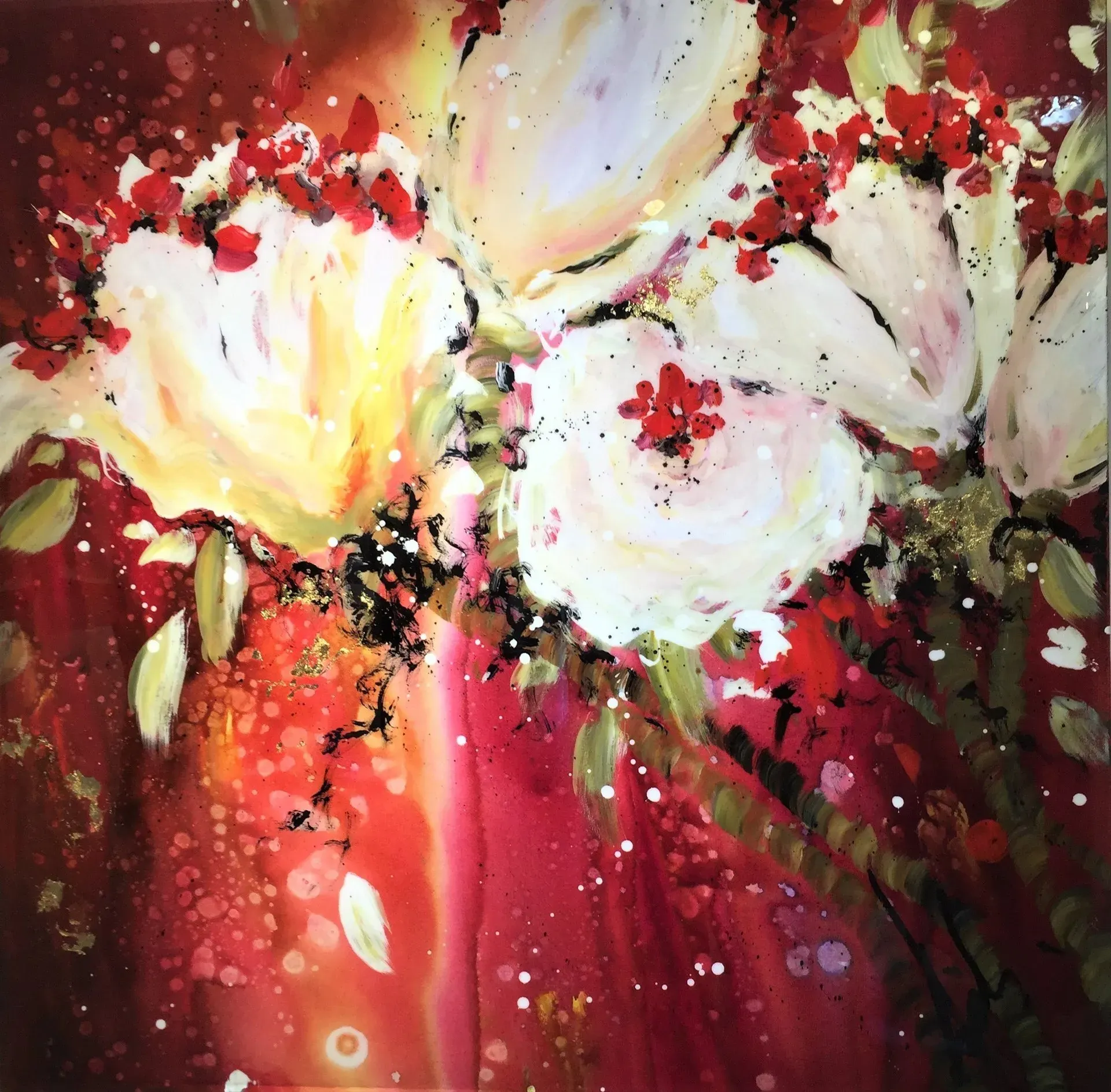 Debbie Nuttall Artist | a painting of white flowers on a red background