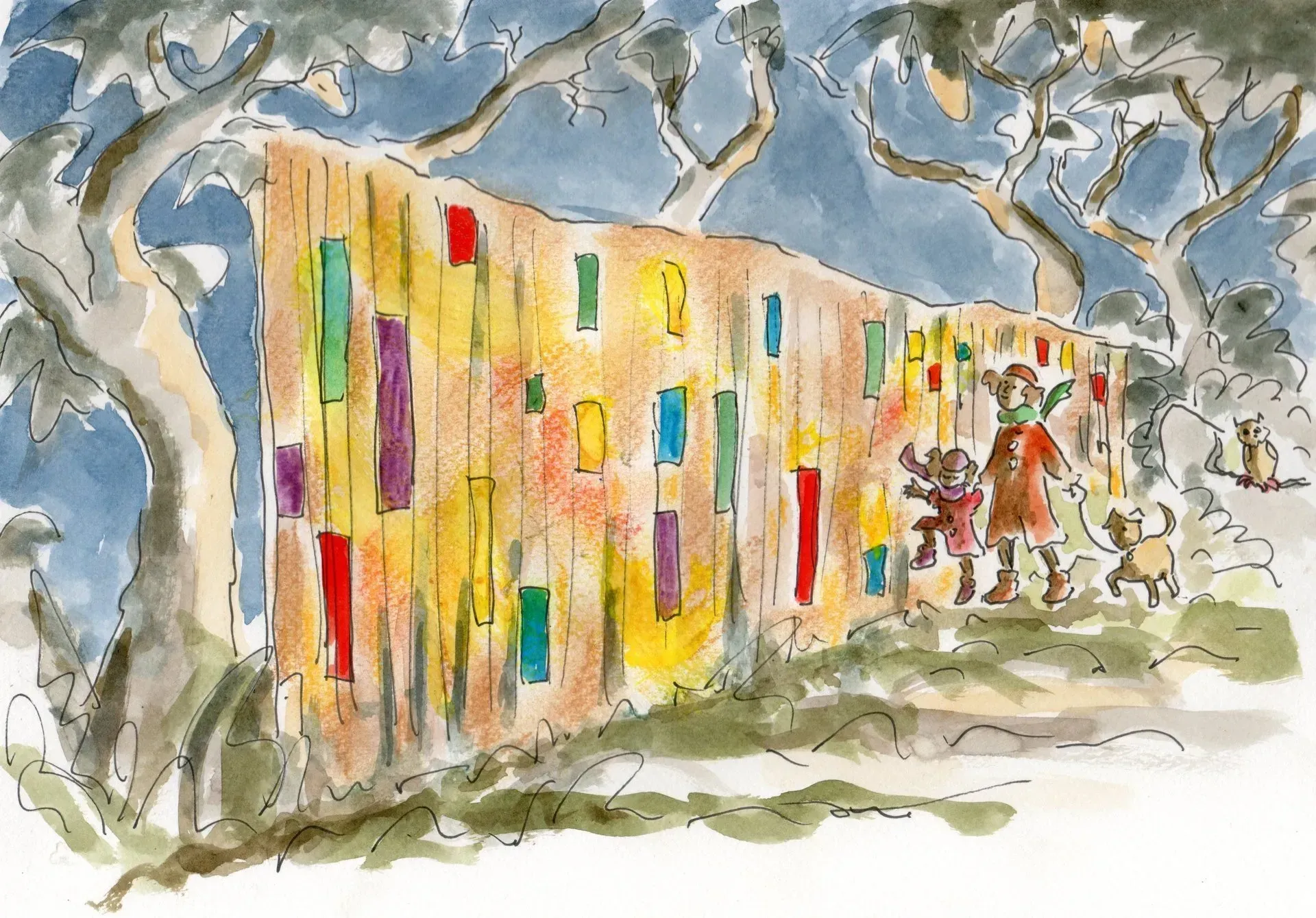 Debbie Nuttall Artist | a drawing of a woman and child standing next to a colorful fence