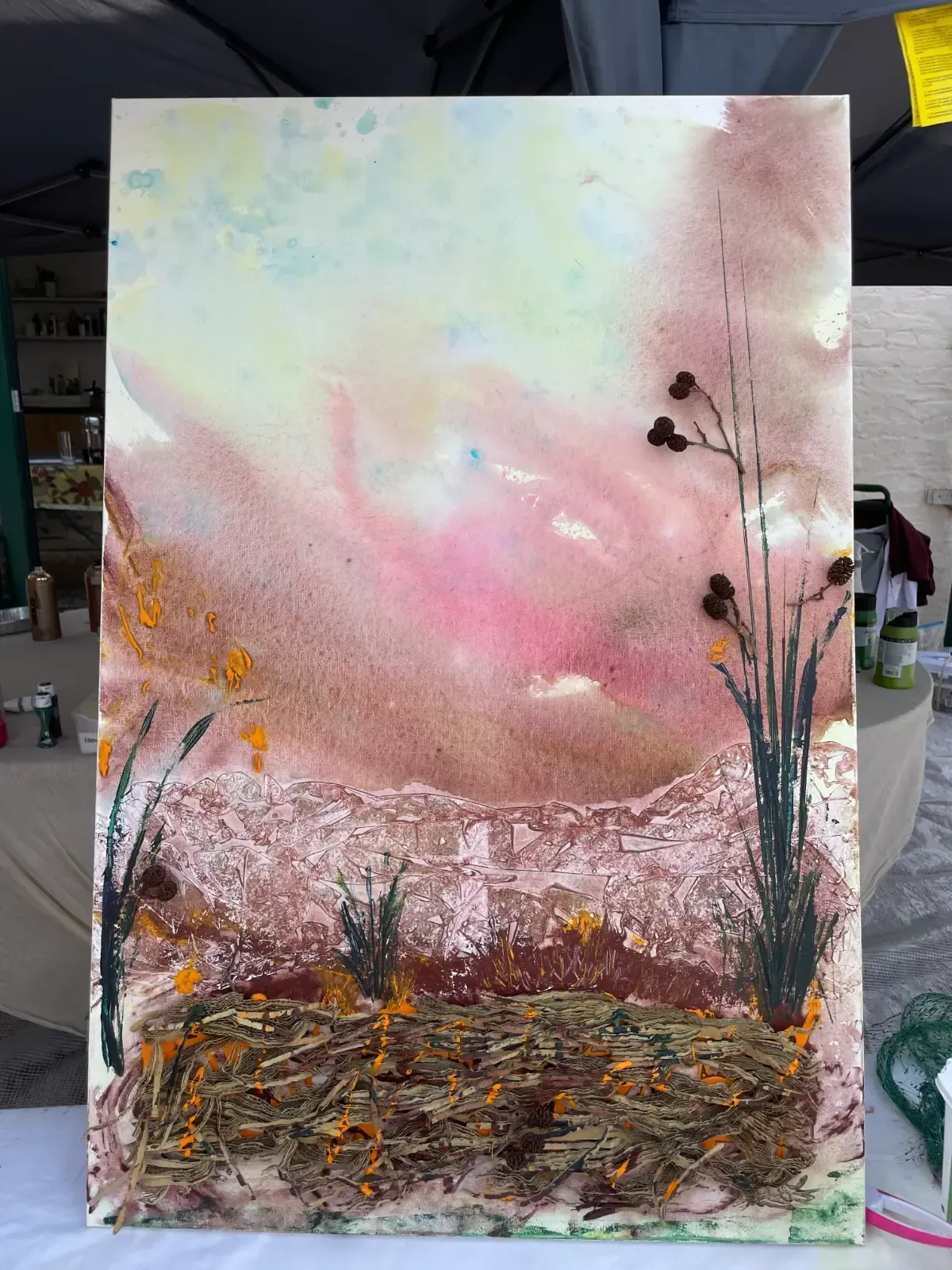 Debbie Nuttall Artist Abstract Workshop | a painting of a field with a pink sky in the background