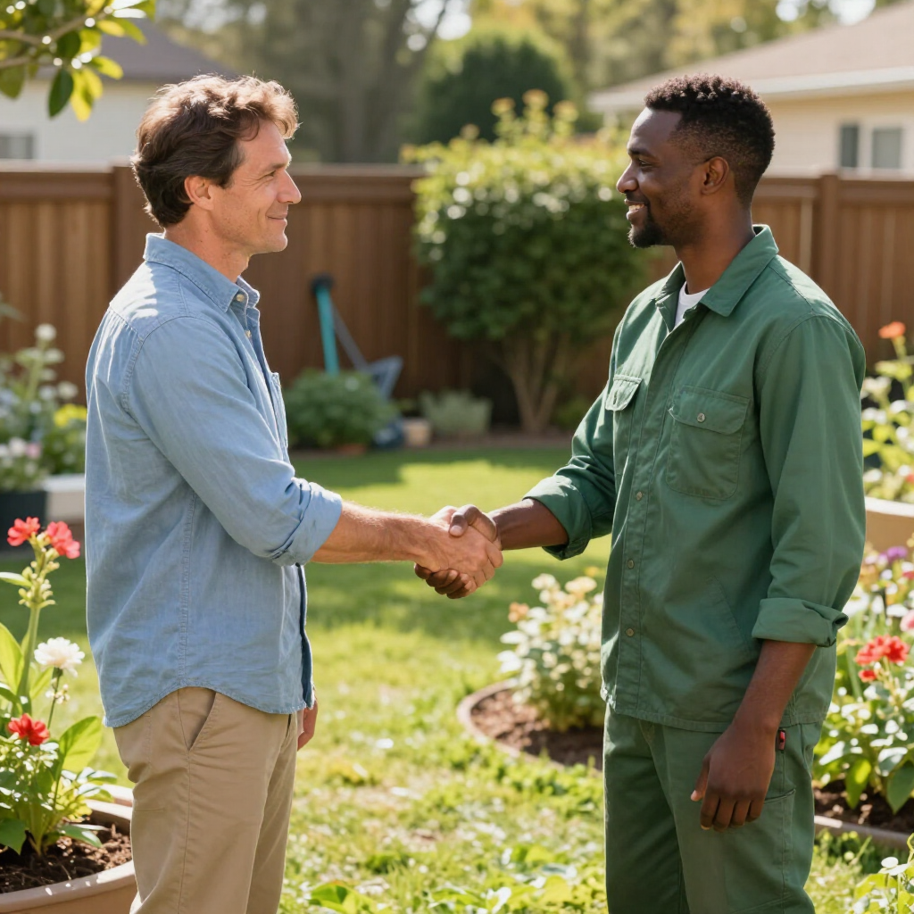Two men shaking hands in a sunny garden beside flower beds and a wooden fence.