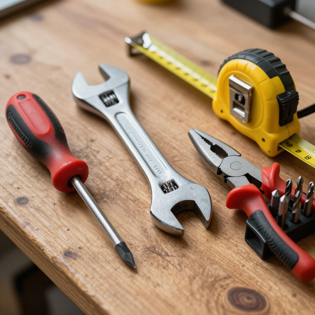 Assorted hand tools on a wooden workbench, including screwdrivers, wrench, pliers, and tape measure