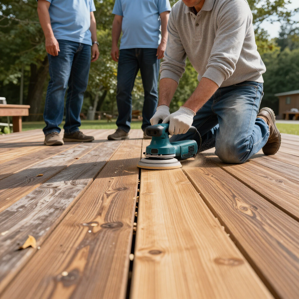 Worker sanding a wooden deck with an orbital sander while two others stand nearby