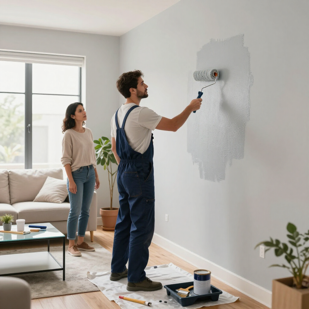 Two people painting a white wall in a bright living room