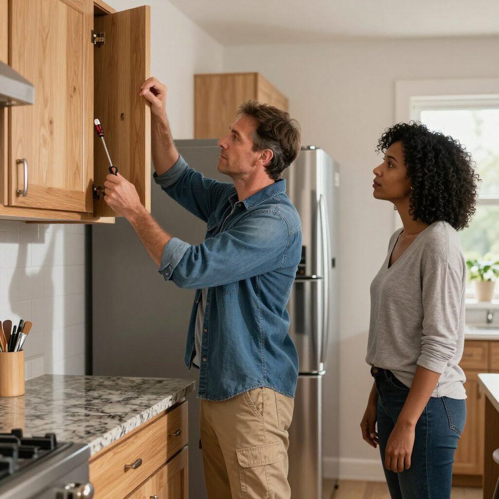Two people inspecting a kitchen cabinet with a screwdriver in a bright home kitchen