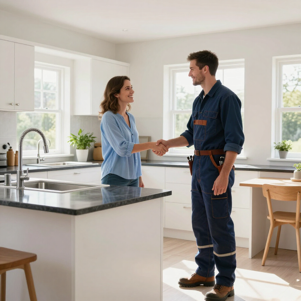 Home renovation contractor shaking hands with a homeowner in a bright kitchen