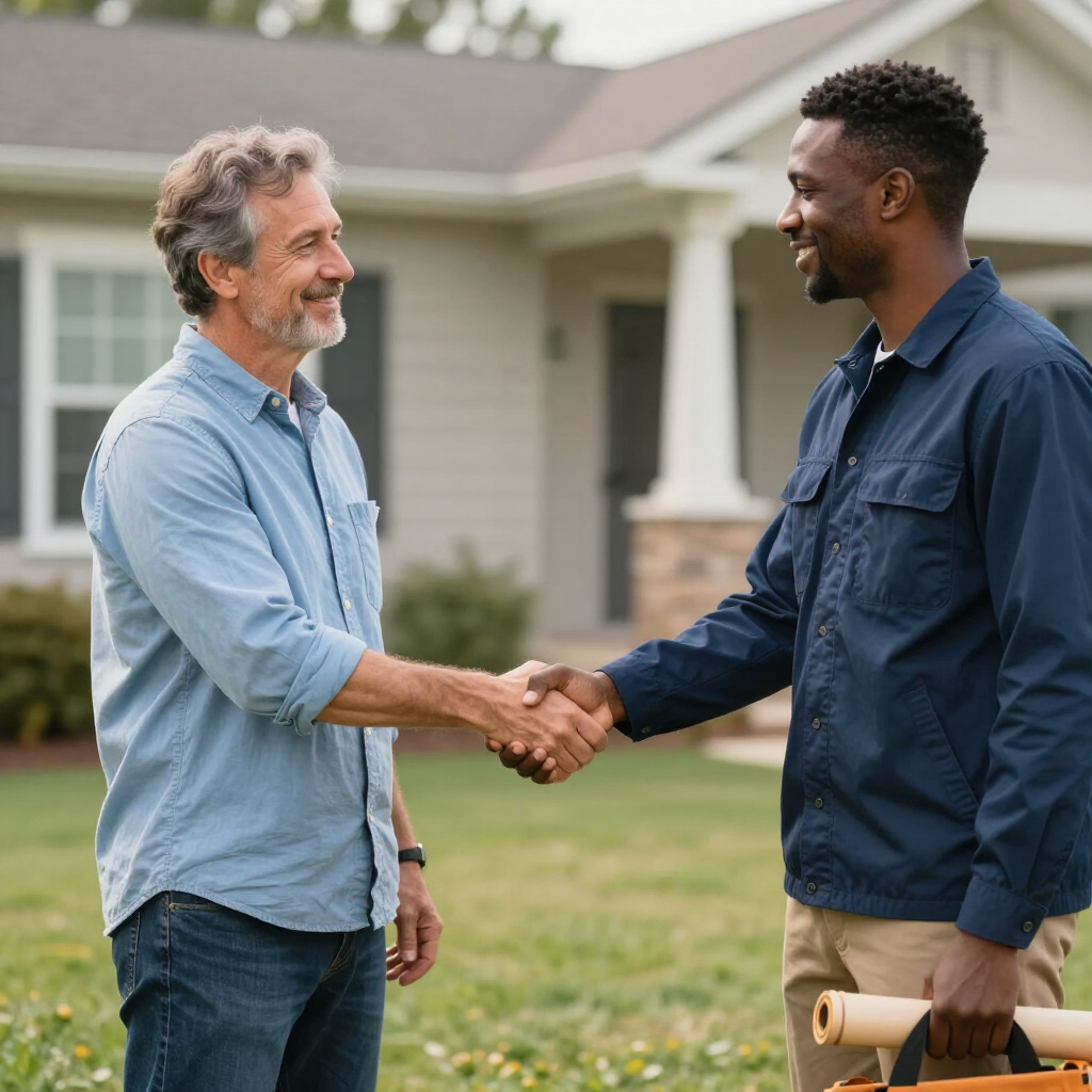 Two men shake hands outside a house, one holding rolled blueprints.