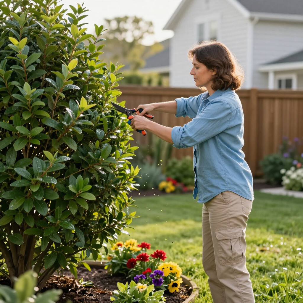 Gardener trimming a shrub in a sunny backyard beside a pot of colorful flowers