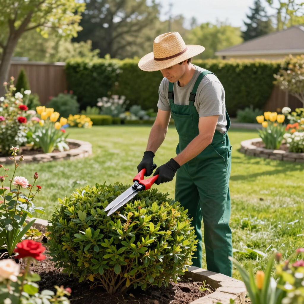 Gardener trimming a round shrub with hedge shears in a sunny flower garden