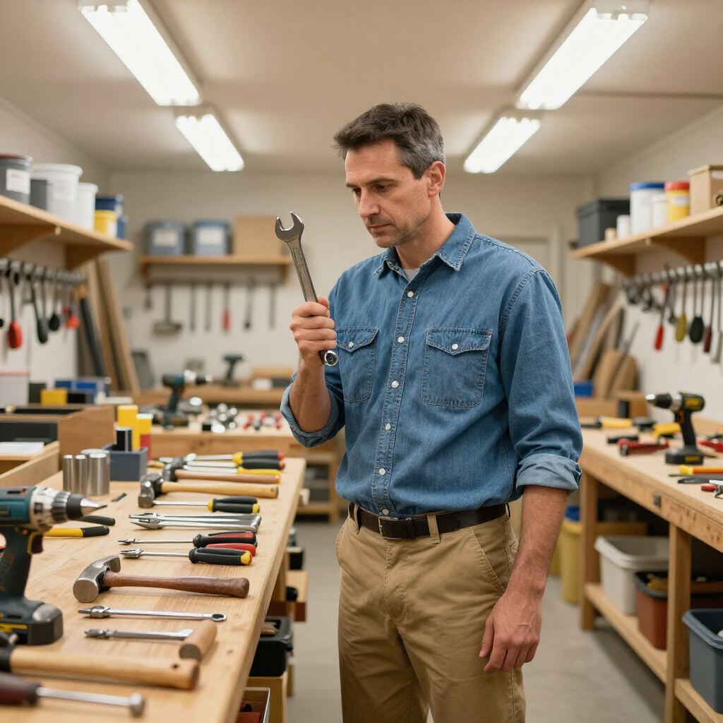 Man in blue shirt examining a wrench in a workshop lined with tools and workbenches