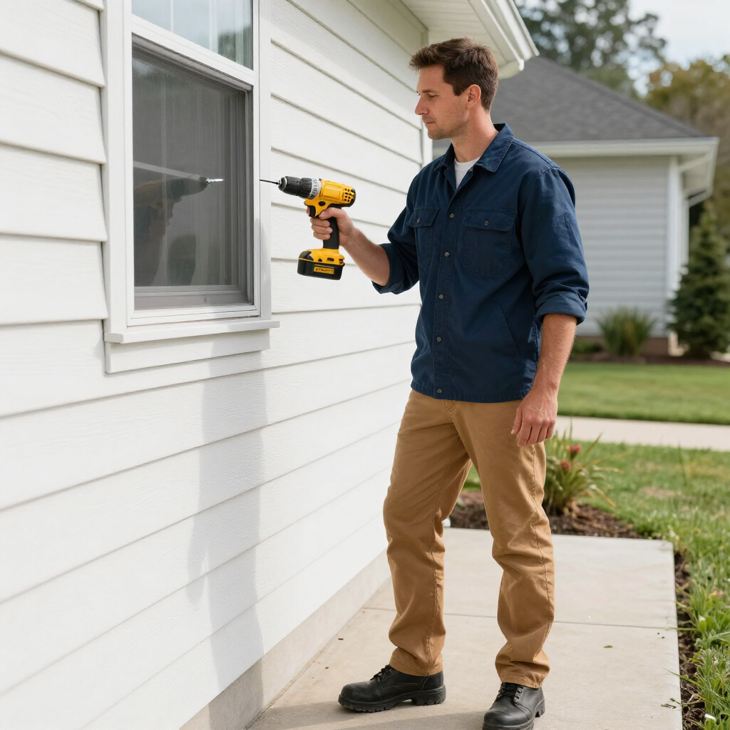 Man using a yellow drill beside a house window, standing on a white siding walkway.