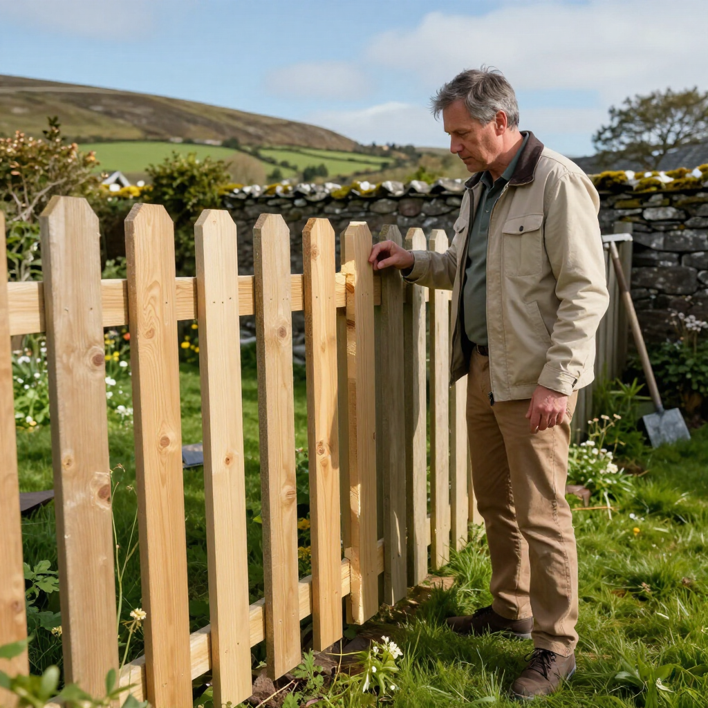Man inspecting a newly installed wooden fence in a rural garden