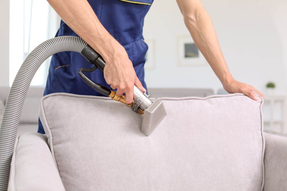 Person cleaning a gray couch cushion with an upholstery cleaning tool — Enviro Clean Carpet and Tile Cleaning in Gosford, NSW
